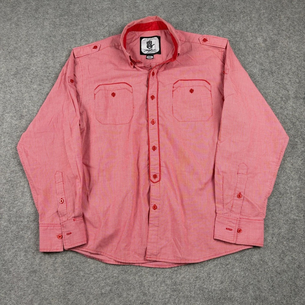 Mishka Button Up Mens 2XL Red White Micro Check Long Sleeve Shirt Spread Collar